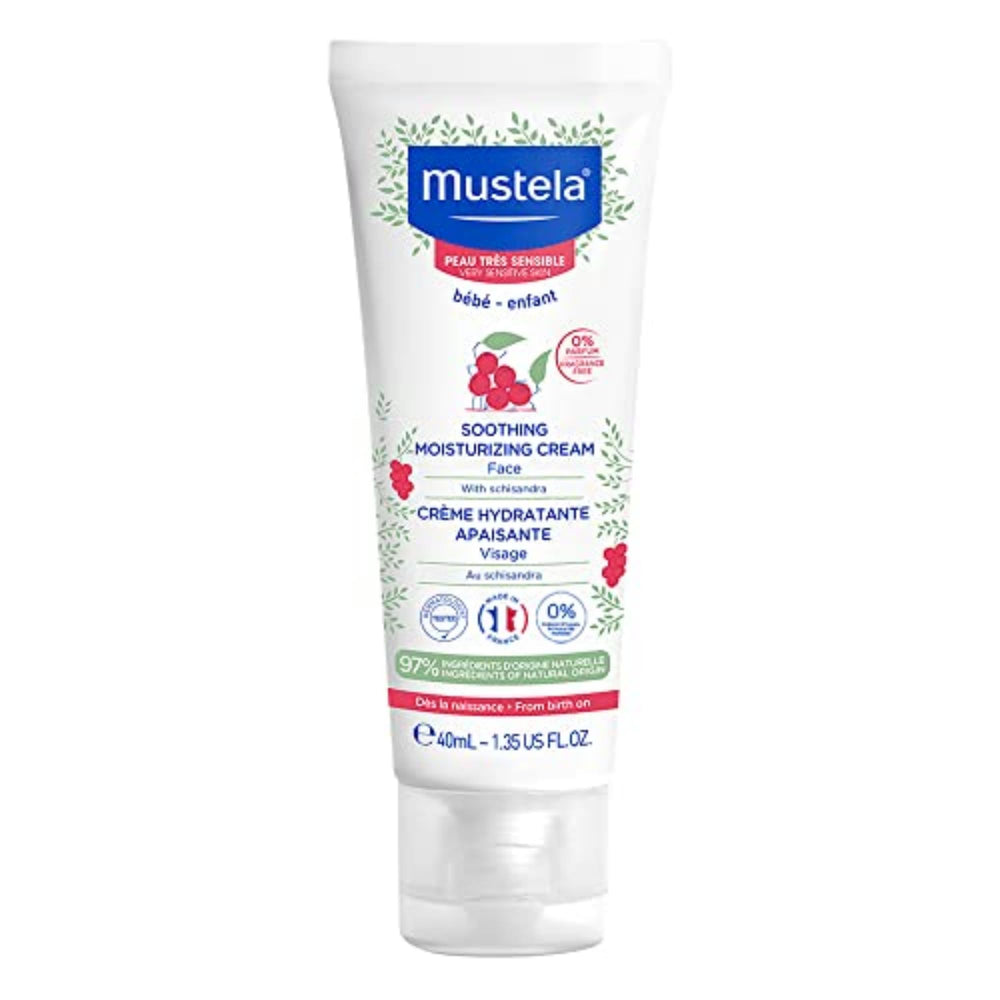 Mustela Baby Soothing Moisturizing Cream package highlights fragrance-free care for sensitive baby skin.