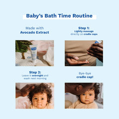 Mustela Cradle Cap Cream in use on baby's scalp.