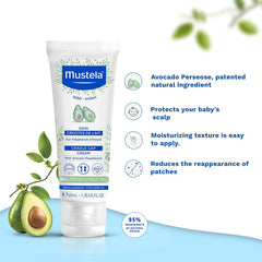 Close-up of newborn scalp with cradle cap cream application.
