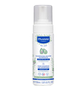 Mustela cradle cap foam shampoo for newborn pump—gentle cleansing during bath time.