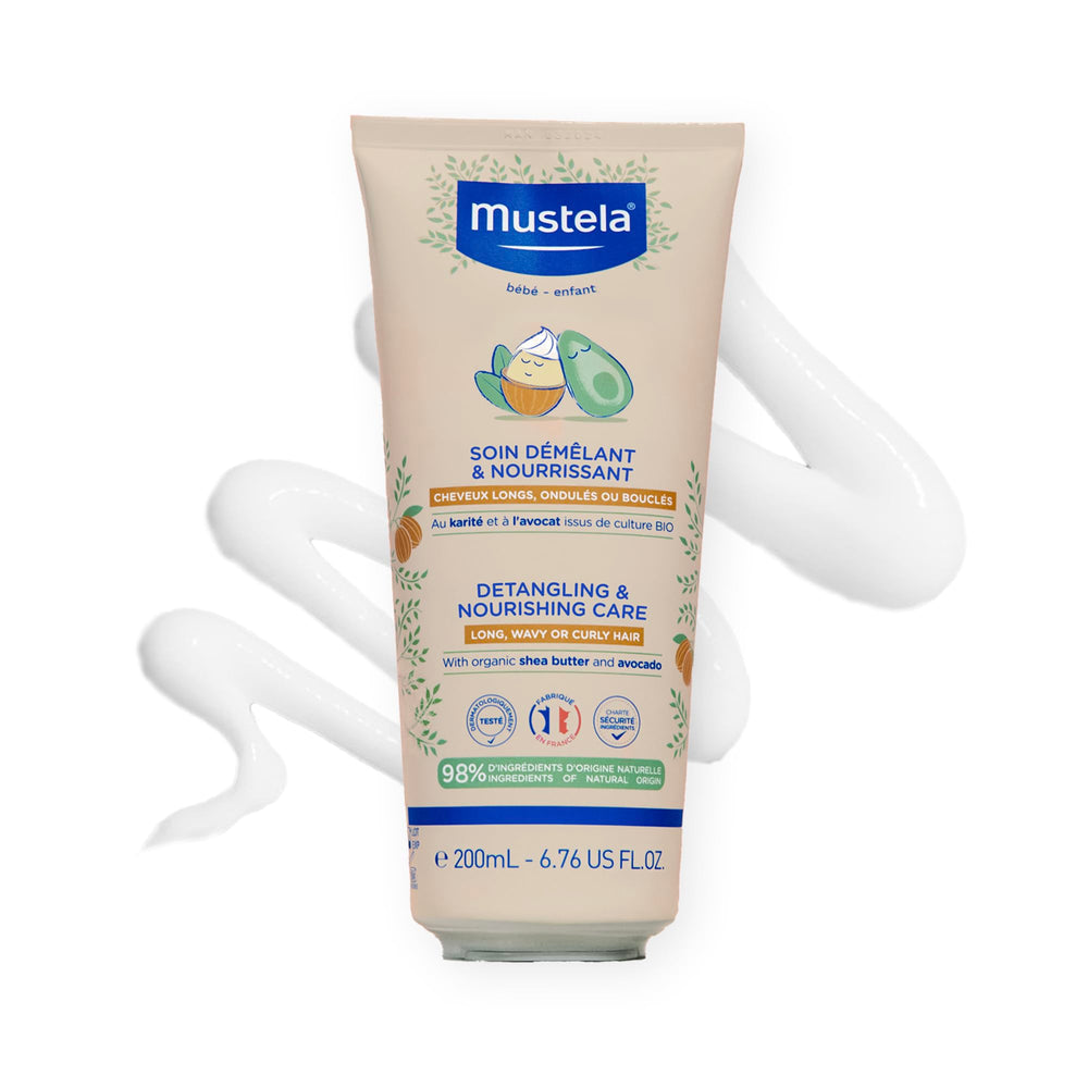 Mustela detangling-nourishing-conditioner bottle aids gentle detangling for kids.