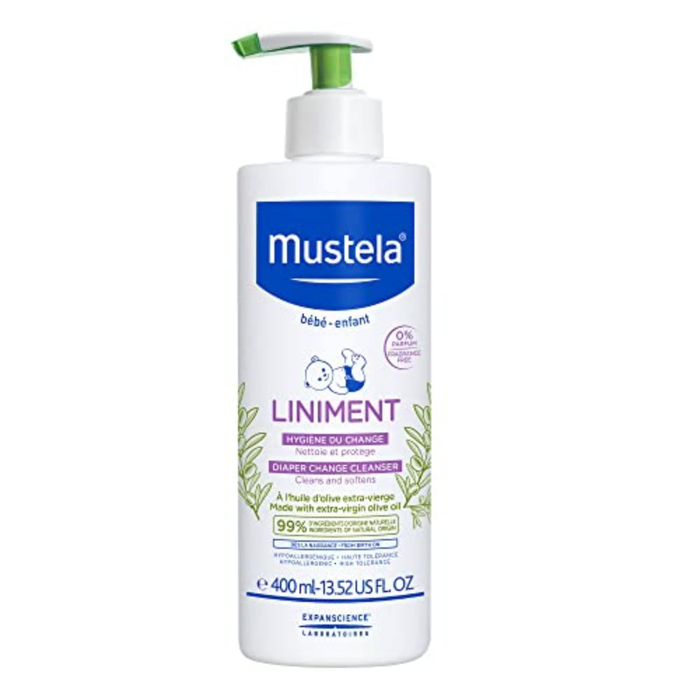 Mustela Liniment no-rinse diaper area cleanser for quick diaper changes.