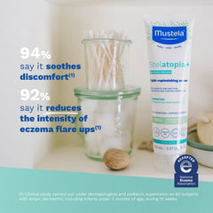 Mustela Stelatopia+ fragrance-free label close-up, ideal for sensitive skin.