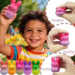 Soft squeezable bunnies return to shape for satisfying play.