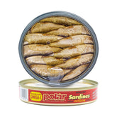 MW Polar Brisling Sardines in Olive Oil, smoked front view, ideal for snacking.