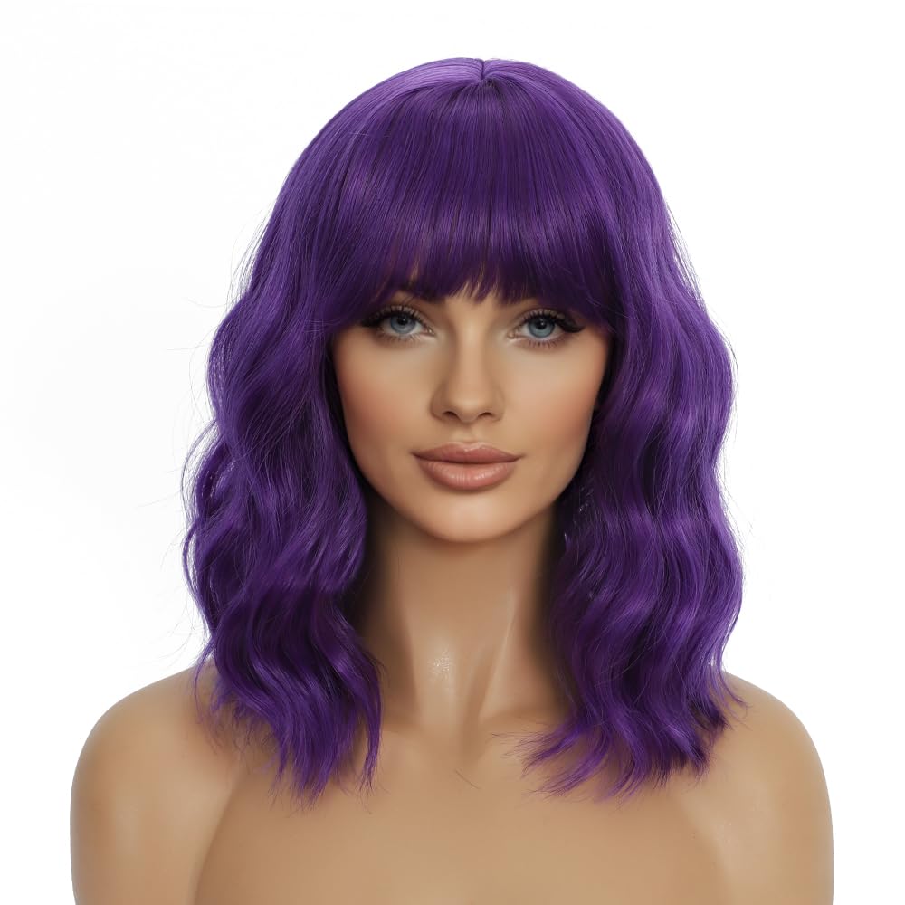 Mxayhnajxl dark purple wig with bangs, 14-inch, ideal for cosplay or parties.