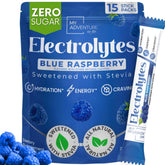 My Adventure to Fit Zero Sugar blue raspberry bottle pour for quick, refreshing hydration.