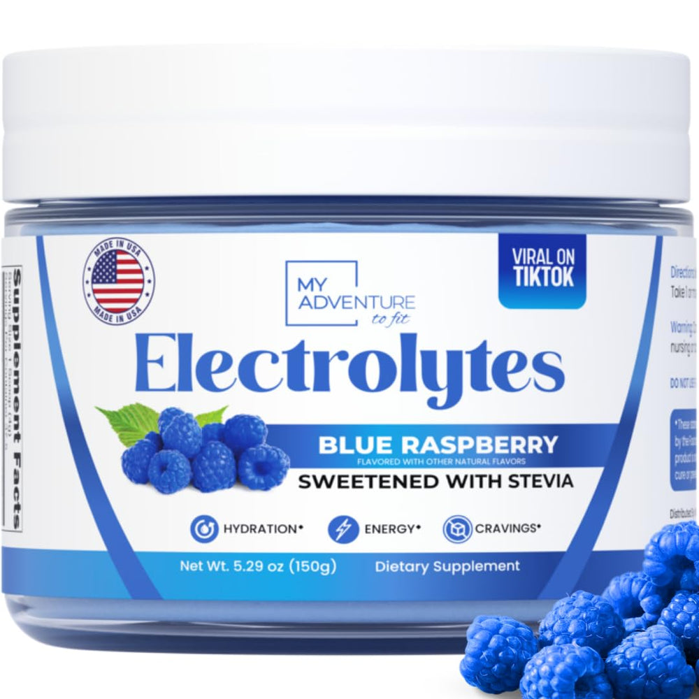 My Adventure to Fit Zero Sugar Blue Raspberry electrolytes tub for refreshing hydration.