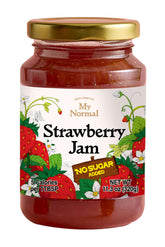 My Normal Strawberry Jam on a wooden counter shows authentic fruit flavor.