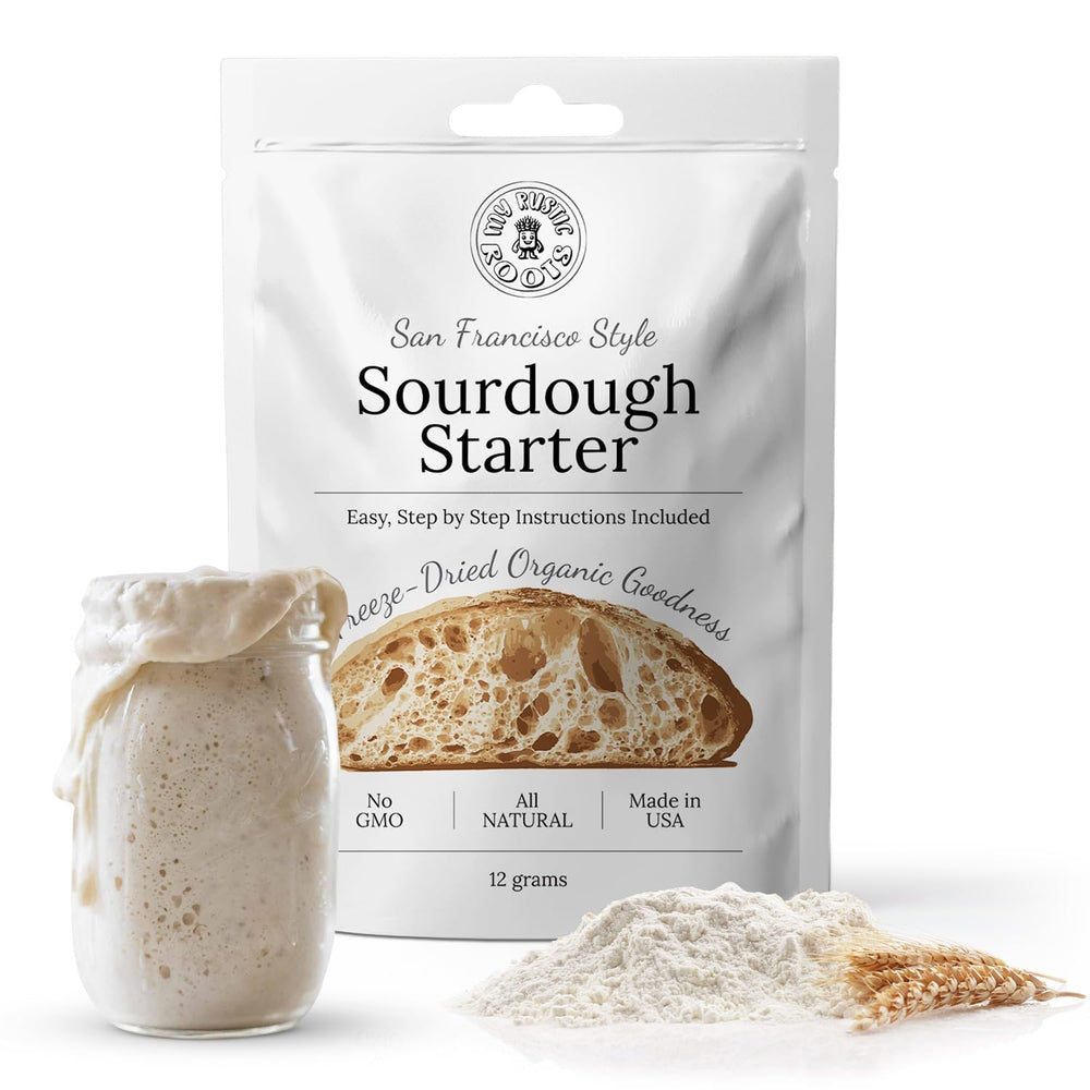 My Rustic Roots SF sourdough starter in a jar, ready for daily baking.