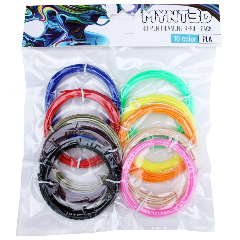 MYNT3D PLA filament refill 10-color pack for 3m each, odor-free printing compatibility.