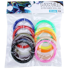 MYNT3D PLA filament refill 10-color pack for 3m each, odor-free printing compatibility.