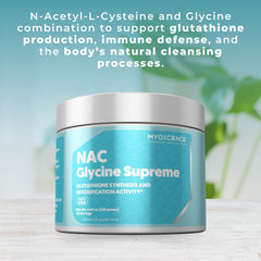 MYOXCIENCE NAC Glycine Supreme ingredients panel shows NAC, glycine, taurine