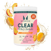 Myprotein Clear Whey Isolate Peach Mango bottle shows a refreshing protein option for workouts.