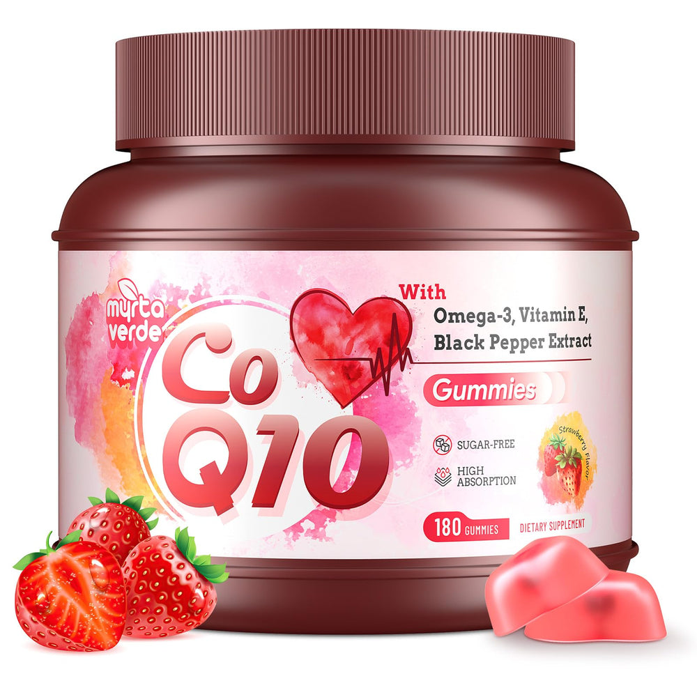 Myrtaverde CoQ10 Gummies front bottle showing a sugar-free heart health option