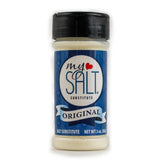 MySALT sodium-free bottle pour shows a clean, salt-like finish for cooking.