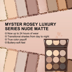MYSTER ROSEY Neutral Eyeshadow Palette blendable velvety texture enhances seamless application.
