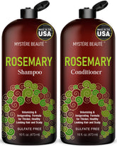 MYSTÉRE BEAUTÉ Rosemary Shampoo bottle highlights biotin and keratin for stronger, fuller hair.
