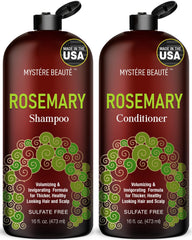 MYSTÉRE BEAUTÉ Rosemary Shampoo bottle highlights biotin and keratin for stronger, fuller hair.
