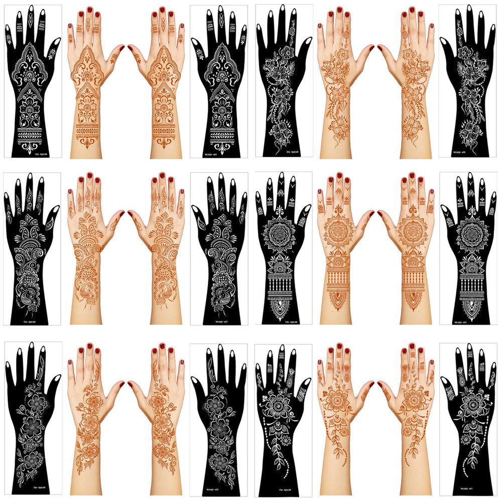 Mzstgh Henna stencil kit with 12 sheets for precise hand and forearm designs.