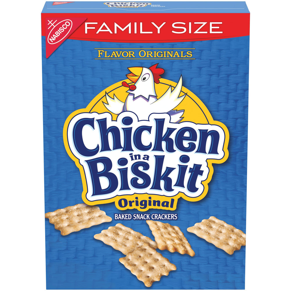 Nabisco CHICKEN IN A BISKIT crackers box front showing a family size package for easy snacking