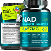 NAD Supplement 8457mg liposomal bottle front showing premium formula for potential daily vitality