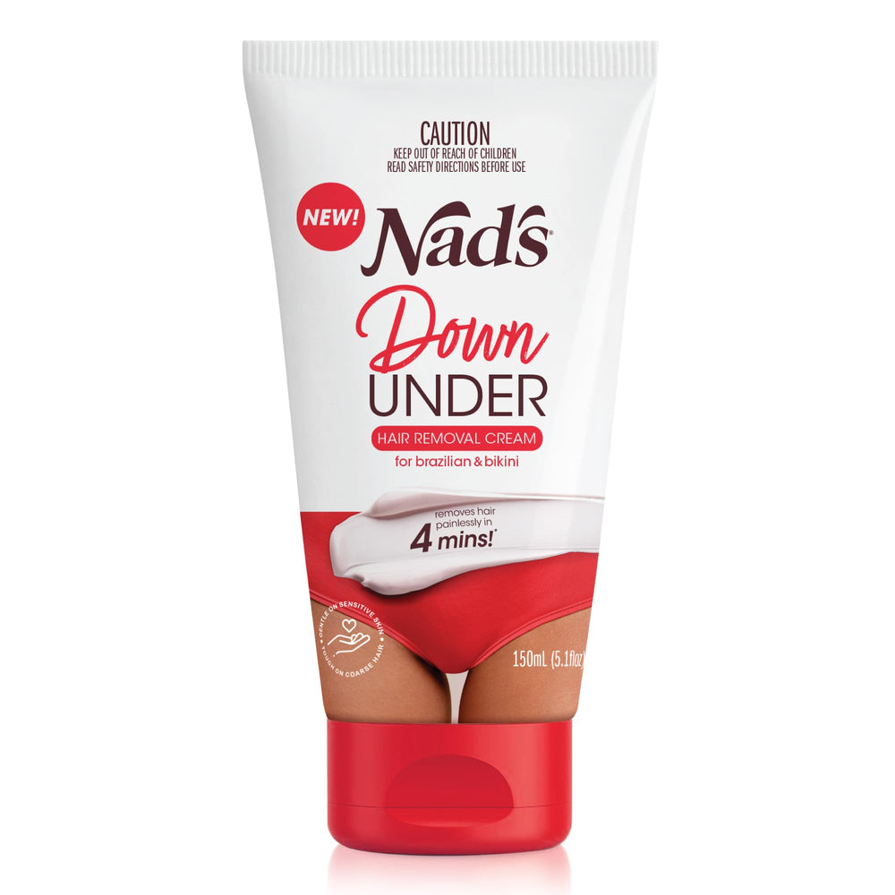 Nad's Down Under Cream bottle shows fast, painless intimate hair removal in action.