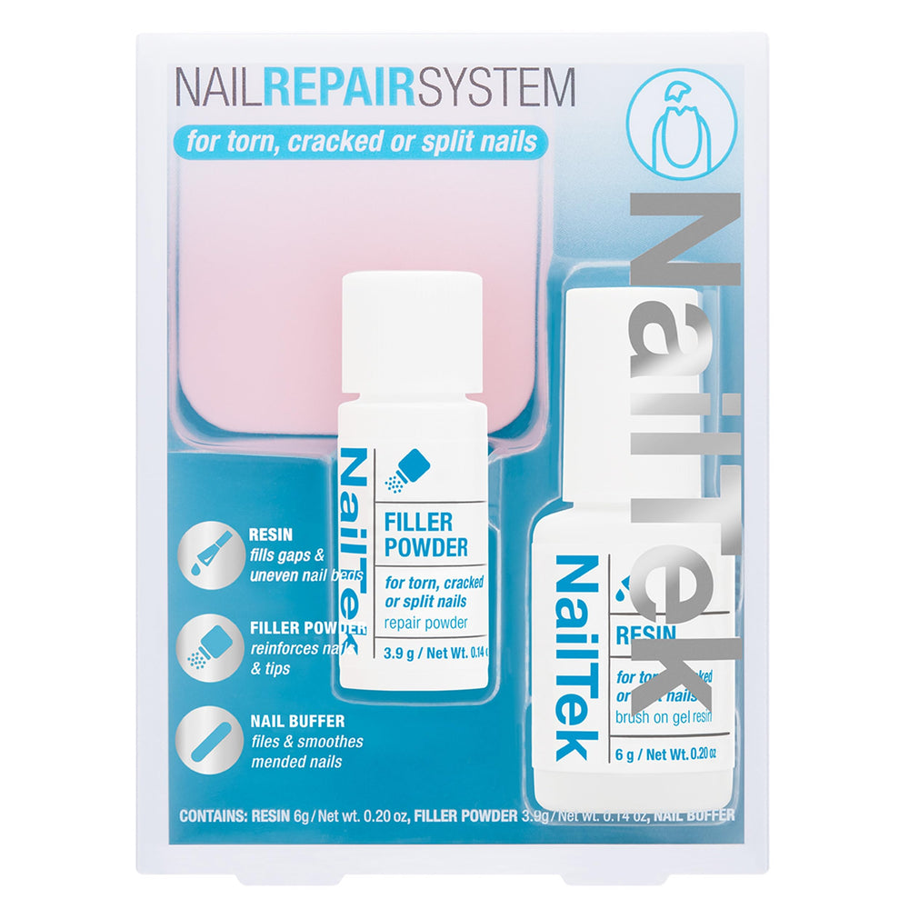 Nail Tek Nail Repair brush-on gel resin restores cracked nails with a smooth finish.