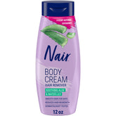 Nair Body Cream Remover front packaging highlights dermatologist-tested formula for legs arms underarms and bikini