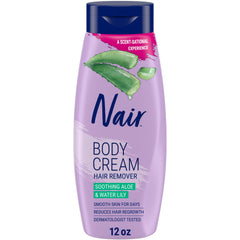 Nair Body Cream Remover front packaging highlights dermatologist-tested formula for legs arms underarms and bikini