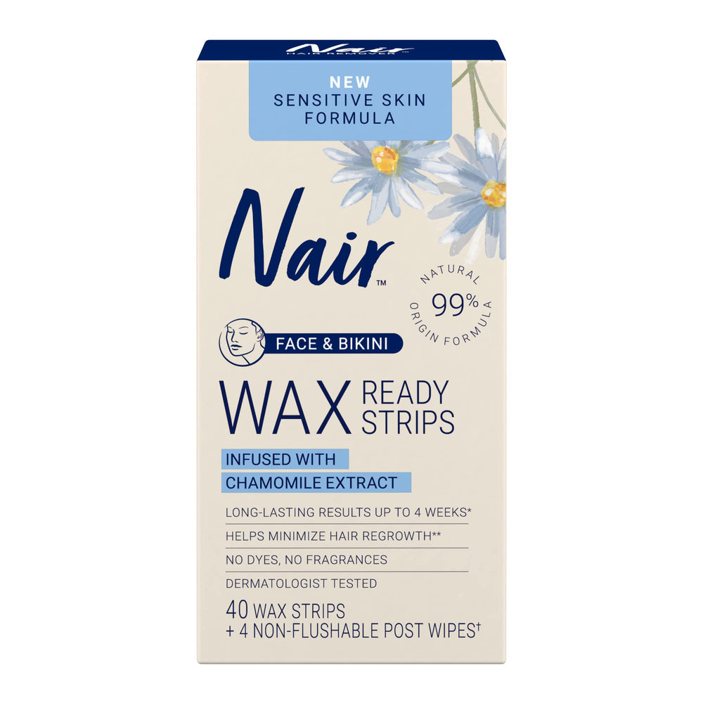 Nair Sensitive Wax Strips box for easy face and bikini removal.