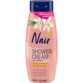 Nair Shower Cream bottle with Moroccan argan oil for smooth skin.