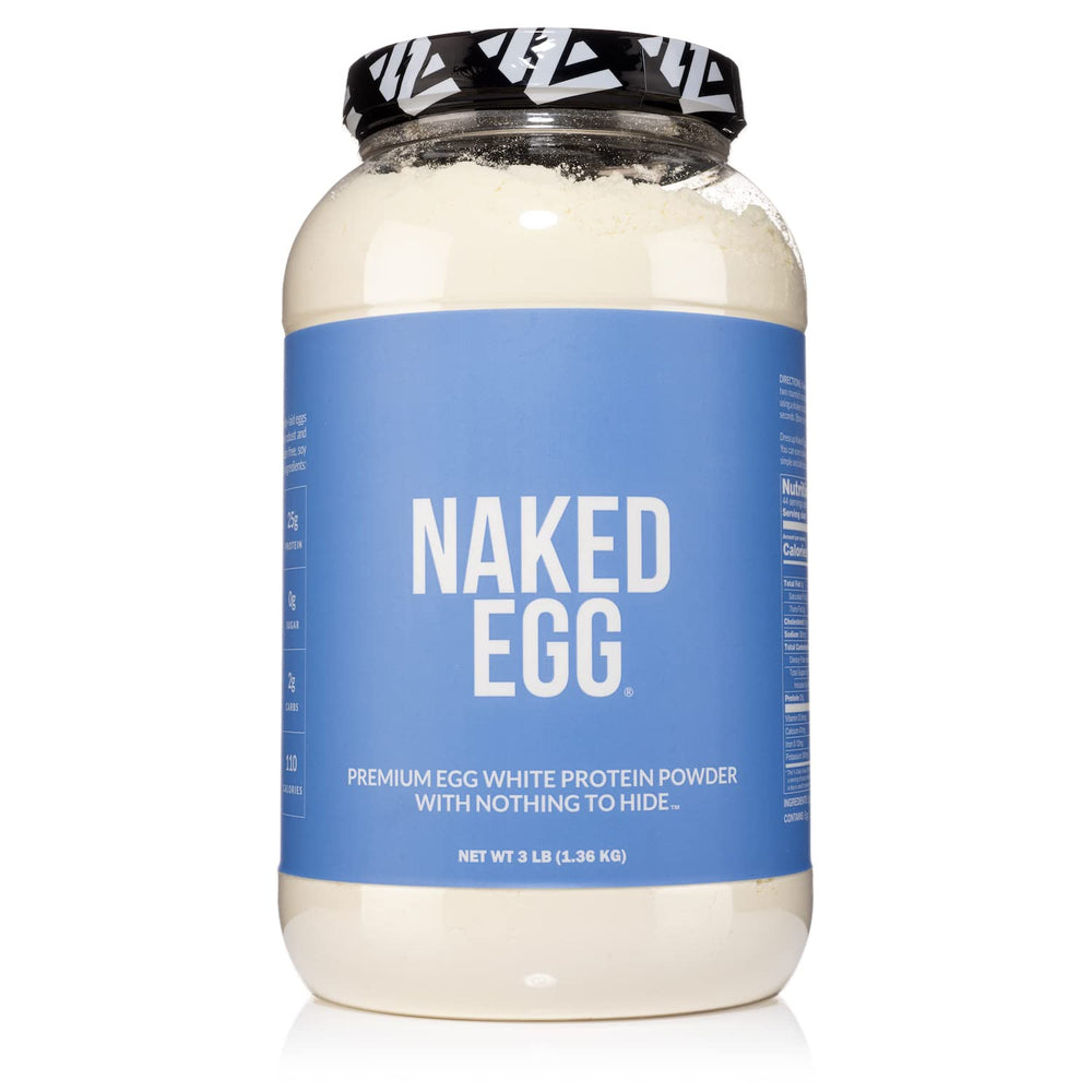 NAKED 3LB egg white protein bottle pour shows additive-free nutrition for workouts.