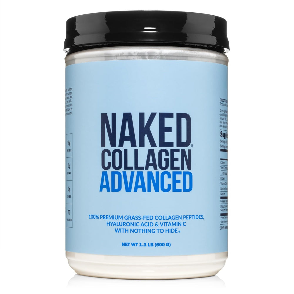 NAKED Collagen Advanced bottle close-up showing a pure three-ingredient formula.