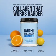NAKED Collagen Advanced ingredients label highlights hyaluronic acid and vitamin C.