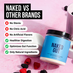 NAKED Gut bottle back displays ingredients for vegan-friendly digestive support.