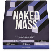 NAKED Mass chocolate powder bag with label; promotes a clean weight gain with all-natural ingredients.