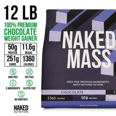 NAKED Mass shake in glass; creamy chocolate flavor for post-workout recovery.