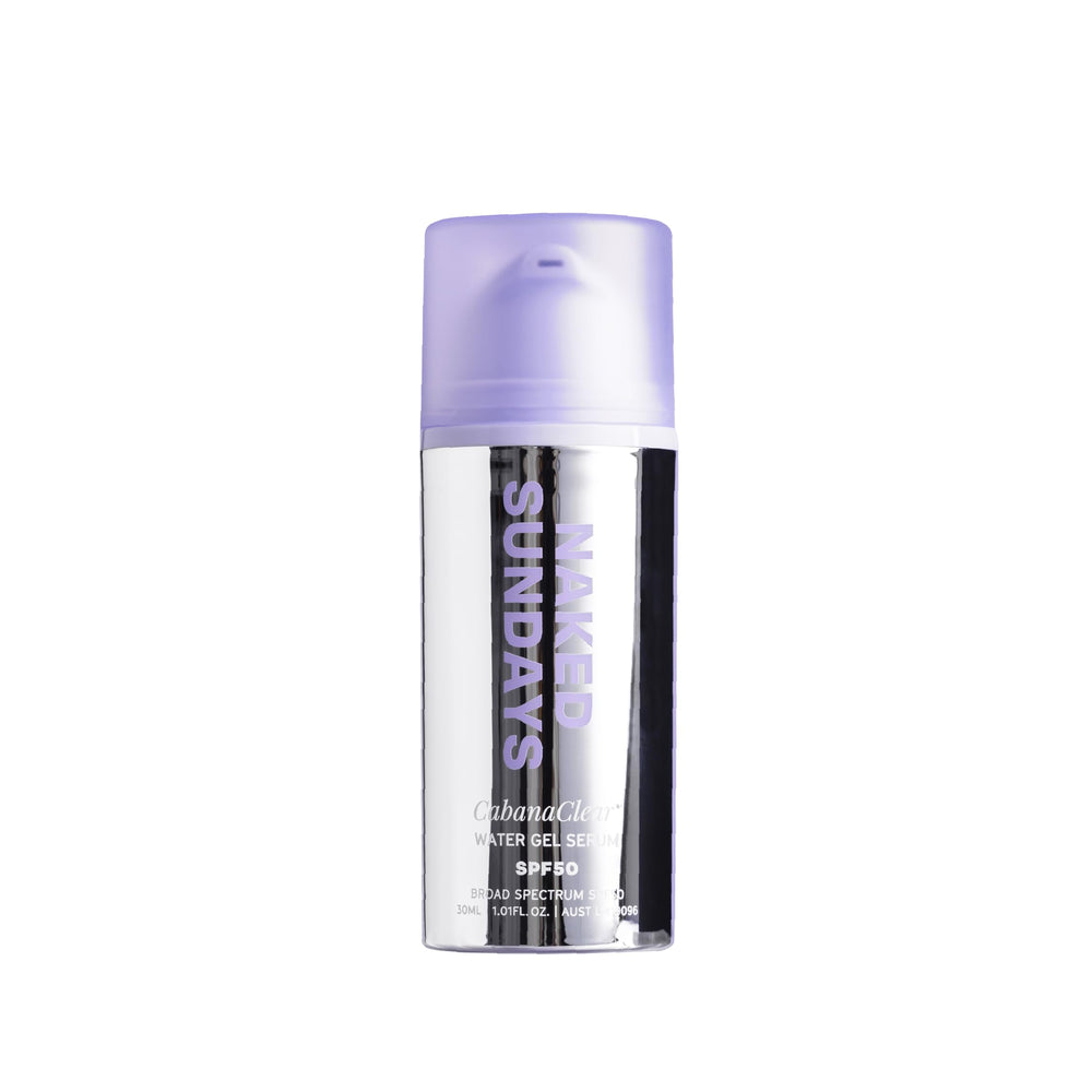 Naked Sundays CabanaClear SPF 50 serum bottle shows clear, lightweight protection.