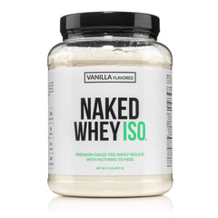 Naked Vanilla Whey Isolate bottle shows 30g protein per serving for workouts.