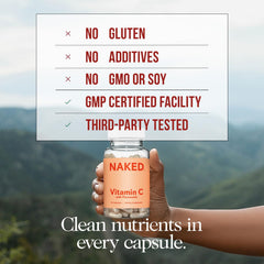 NAKED Vitamin C capsules close-up highlights high-dose ascorbic acid.