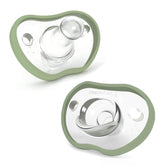 Nanobébé 0-3 month orthodontic pacifier with curved face contour for a snug fit.