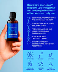NANOREVIVE EsoRepair slippery elm bark highlights plant-based comfort for throat and upper digestive ease.