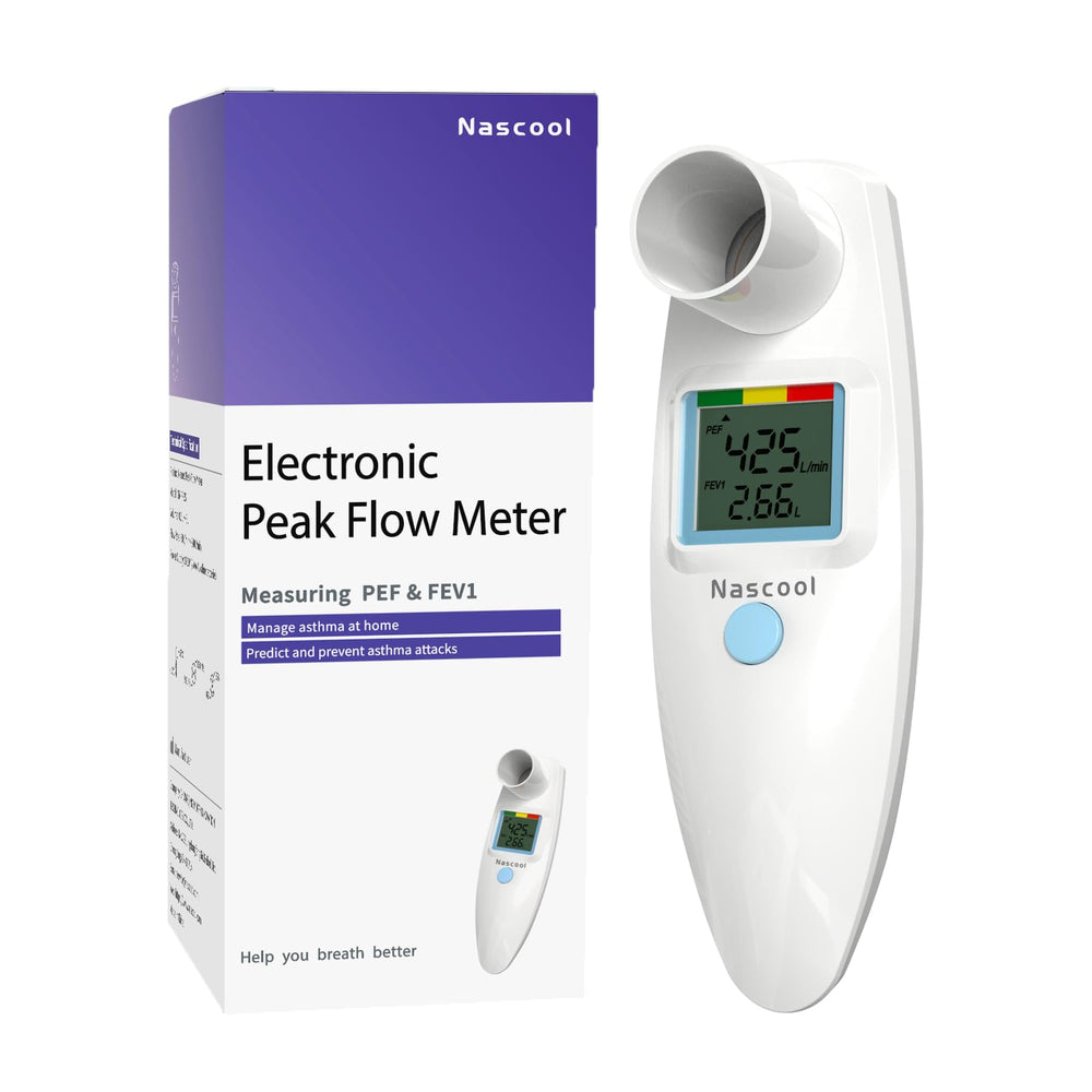 Nascool digital peak flow meter front display helps track breathing trends