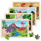 NASHRIO dinosaur wooden puzzles four-pack with interlocking pieces for preschoolers