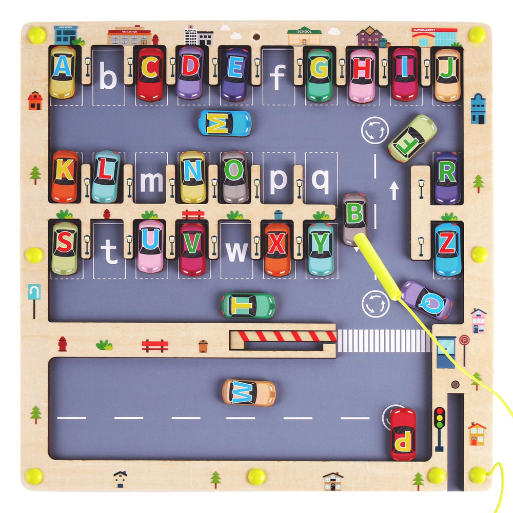 Nashrio magnetic alphabet maze board supports fine motor skills and alphabet exploration.