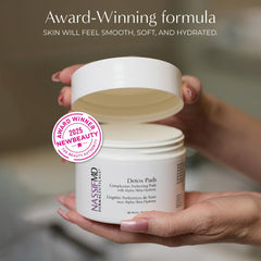 NassifMD Exfoliating Detox Pads label illustrates the aha-bha exfoliation formula