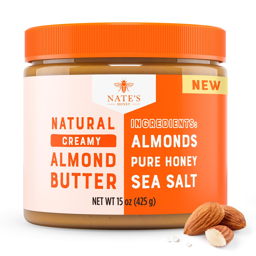 Nate's Honey Almond Butter jar showcasing clean ingredients for a creamy spread