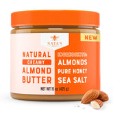 Nate's Honey Almond Butter jar showcasing clean ingredients for a creamy spread