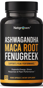 Natgrown ashwagandha-maca-fenugreek capsules bottle: vegan daily energy support.